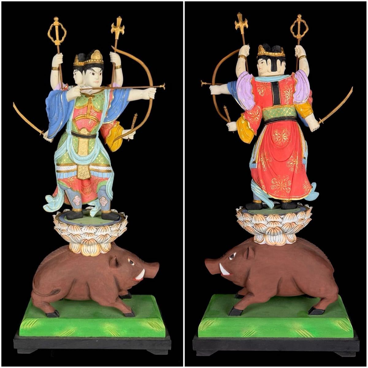 Wooden Polychrome Marishiten (Makuri Bosatsu) — Esoteric Guardian Deity on Boar