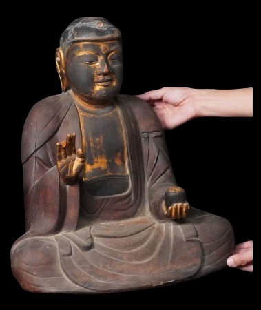 Large Seated Kannon Bosatsu with Gyokugan Crystal Eyes — 42cm Antique Carved Wood Figure, Serene Tang-Style Calm, Collector-Grade Presence