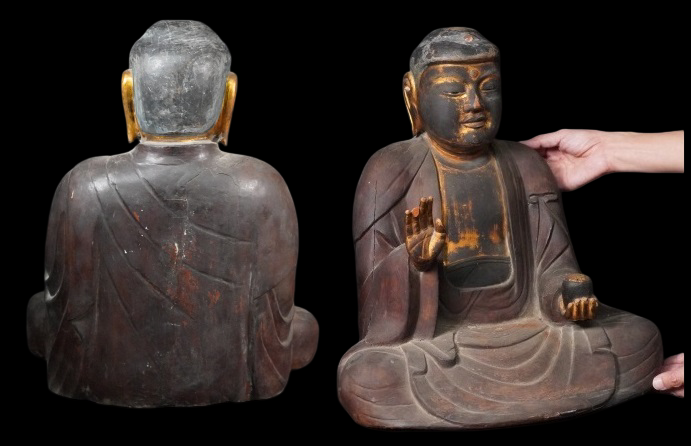 Large Seated Kannon Bosatsu with Gyokugan Crystal Eyes — 42cm Antique Carved Wood Figure, Serene Tang-Style Calm, Collector-Grade Presence