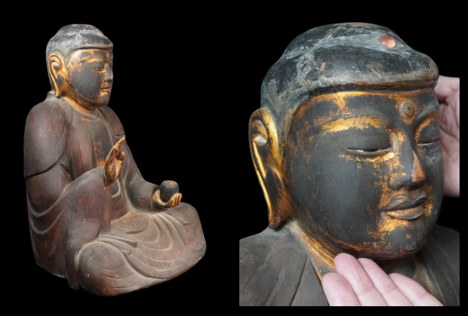Large Seated Kannon Bosatsu with Gyokugan Crystal Eyes — 42cm Antique Carved Wood Figure, Serene Tang-Style Calm, Collector-Grade Presence
