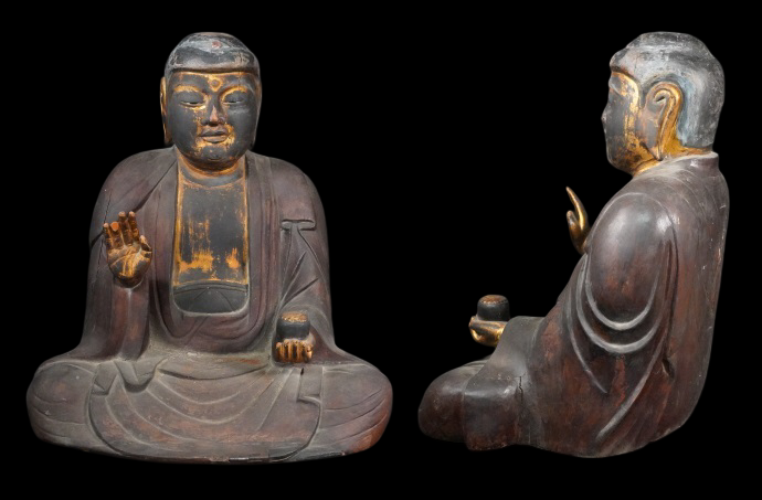 Large Seated Kannon Bosatsu with Gyokugan Crystal Eyes — 42cm Antique Carved Wood Figure, Serene Tang-Style Calm, Collector-Grade Presence