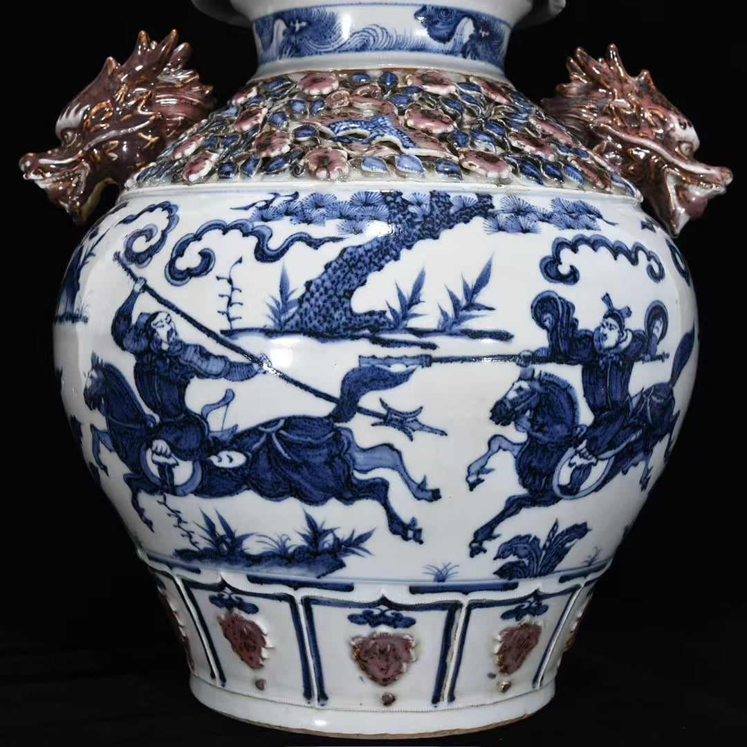 Yuan Dynasty–Style Blue & White Dragon Jar — Applied Dragon Handles & Lid — Monumental 40 cm Classical Revival Vessel