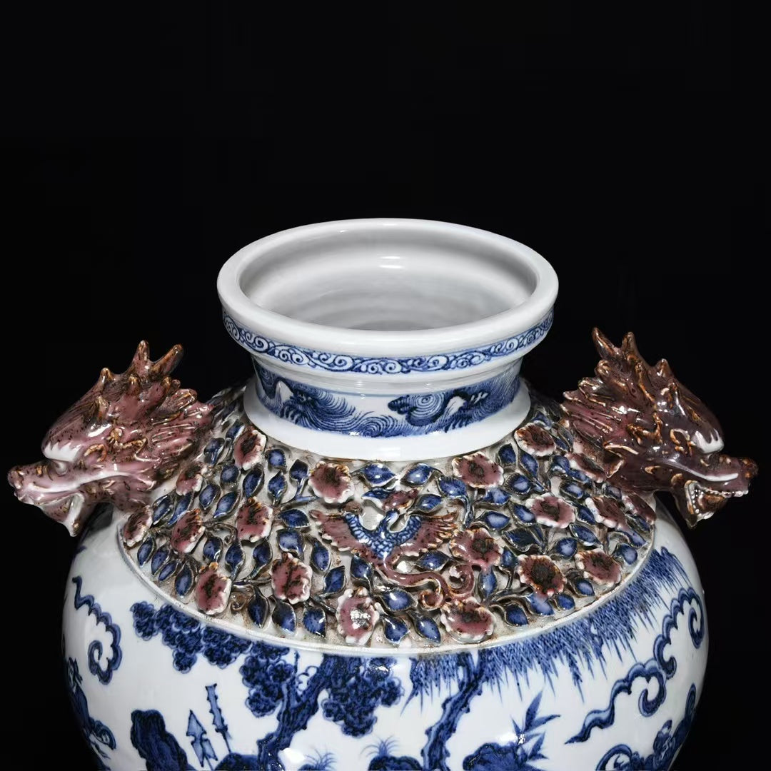 Yuan Dynasty–Style Blue & White Dragon Jar — Applied Dragon Handles & Lid — Monumental 40 cm Classical Revival Vessel