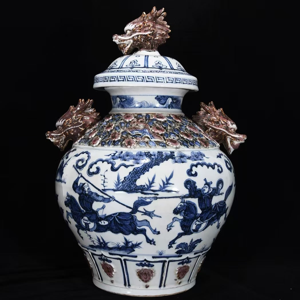 Yuan Dynasty–Style Blue & White Dragon Jar — Applied Dragon Handles & Lid — Monumental 40 cm Classical Revival Vessel