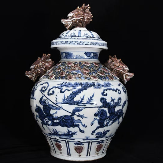 Yuan Dynasty–Style Blue & White Dragon Jar — Applied Dragon Handles & Lid — Monumental 40 cm Classical Revival Vessel