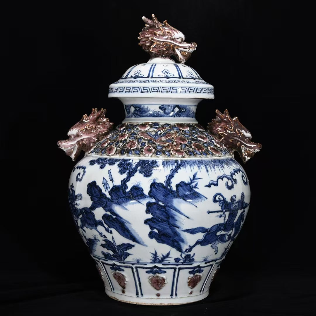 Yuan Dynasty–Style Blue & White Dragon Jar — Applied Dragon Handles & Lid — Monumental 40 cm Classical Revival Vessel
