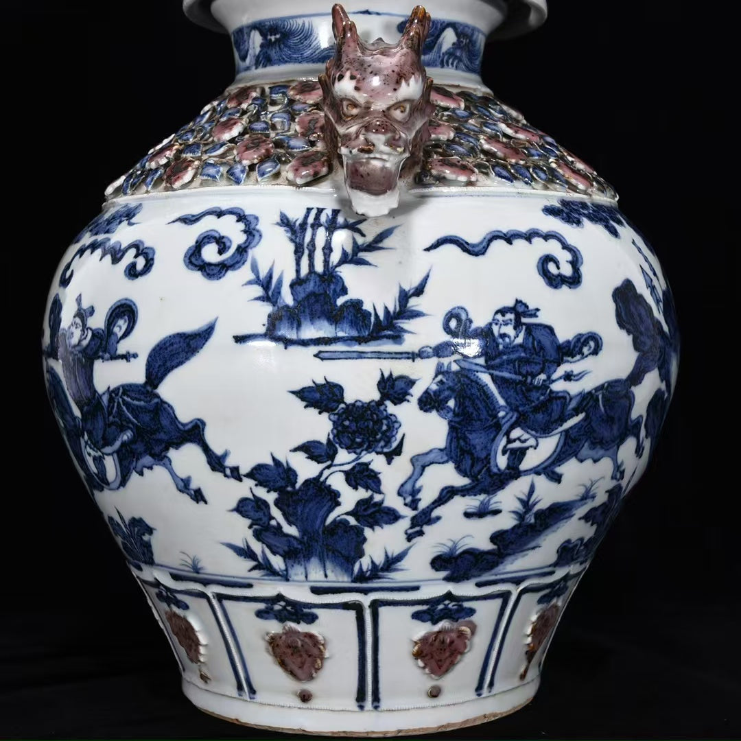 Yuan Dynasty–Style Blue & White Dragon Jar — Applied Dragon Handles & Lid — Monumental 40 cm Classical Revival Vessel