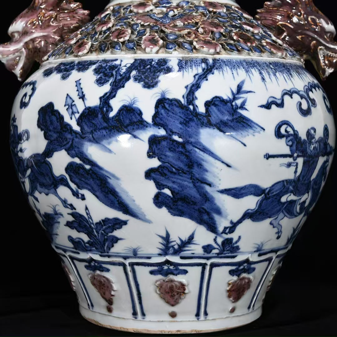 Yuan Dynasty–Style Blue & White Dragon Jar — Applied Dragon Handles & Lid — Monumental 40 cm Classical Revival Vessel