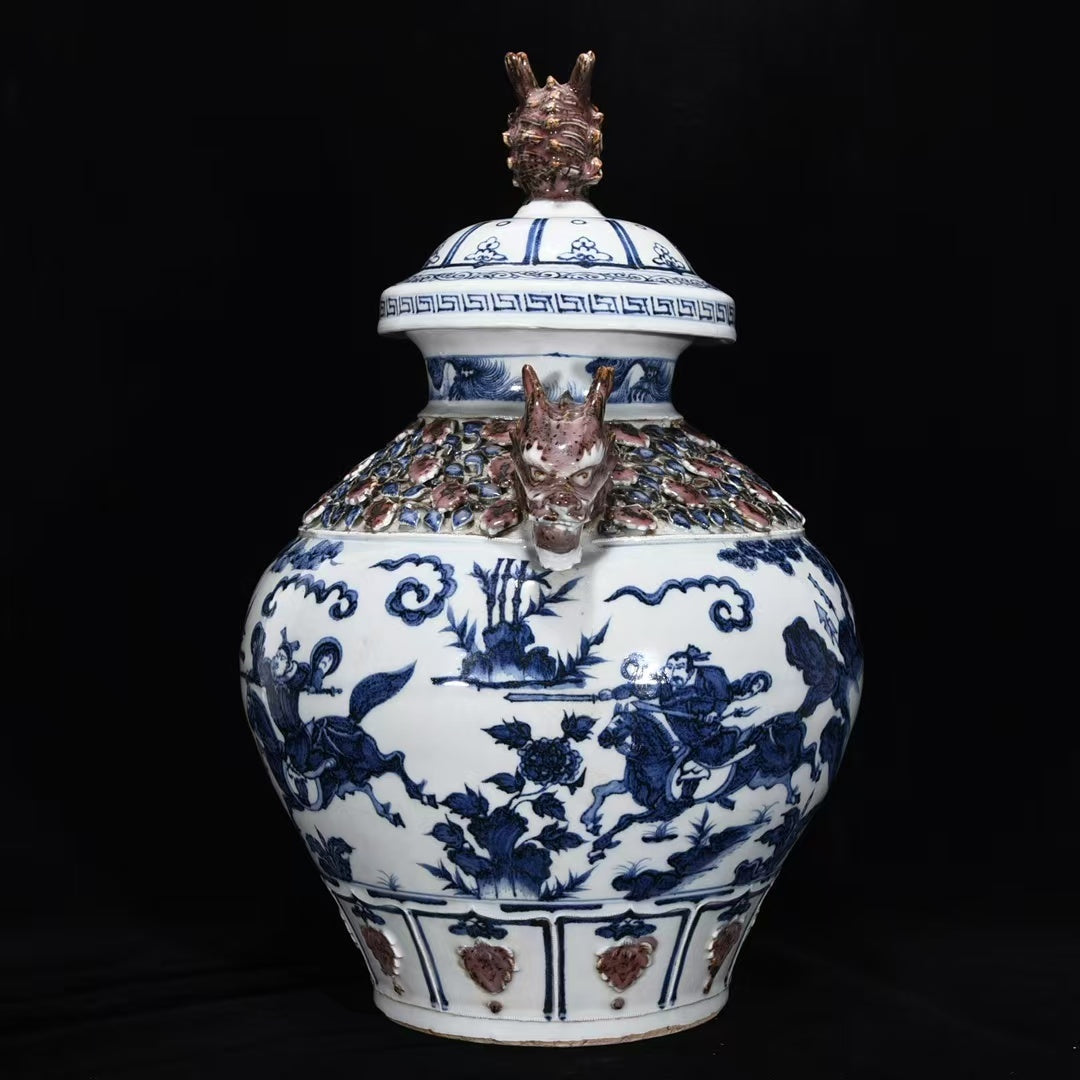 Yuan Dynasty–Style Blue & White Dragon Jar — Applied Dragon Handles & Lid — Monumental 40 cm Classical Revival Vessel