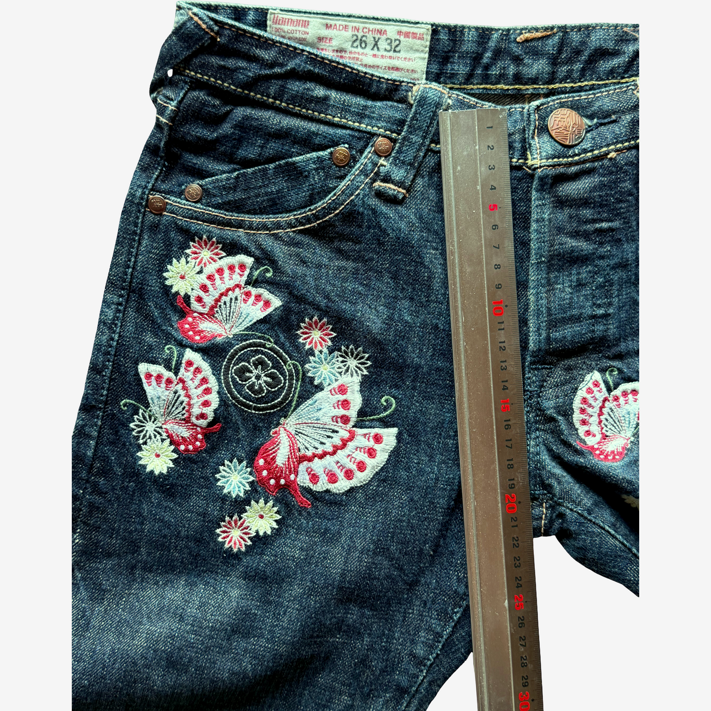 Vintage EVISU Donna Butterfly Embroidered Jeans 26x32 Yamane Japanese Y2K Wagara Denim Women