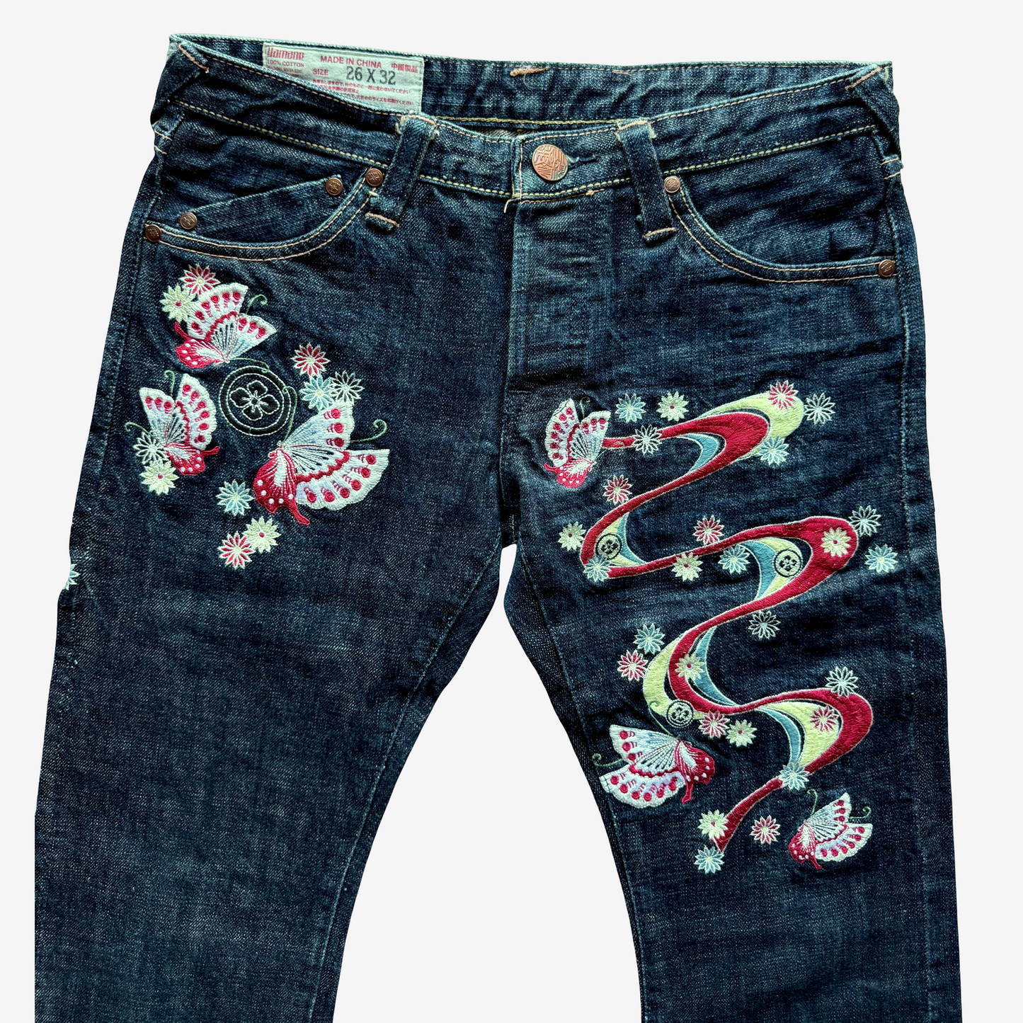 Vintage EVISU Donna Butterfly Embroidered Jeans 26x32 Yamane Japanese Y2K Wagara Denim Women