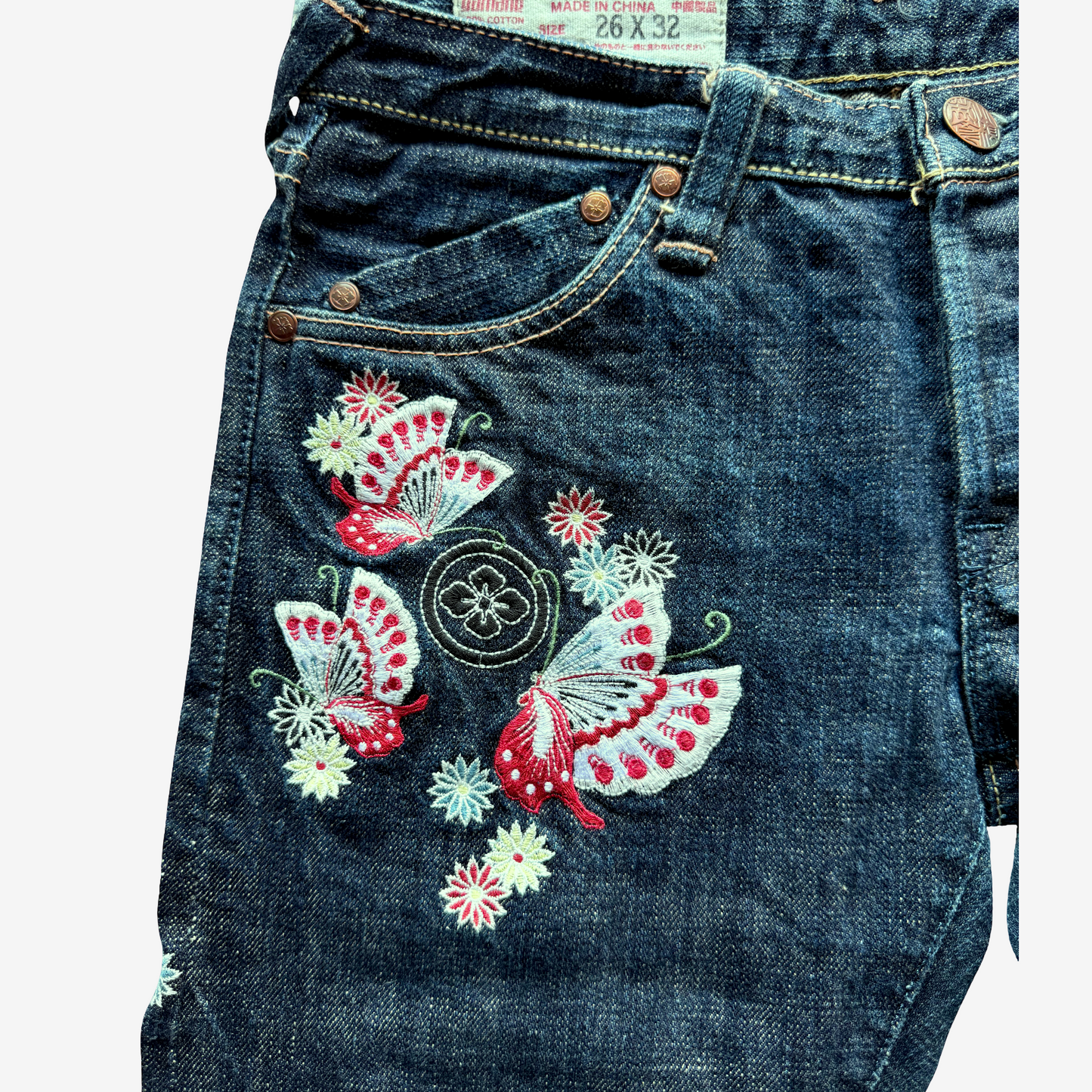 Vintage EVISU Donna Butterfly Embroidered Jeans 26x32 Yamane Japanese Y2K Wagara Denim Women