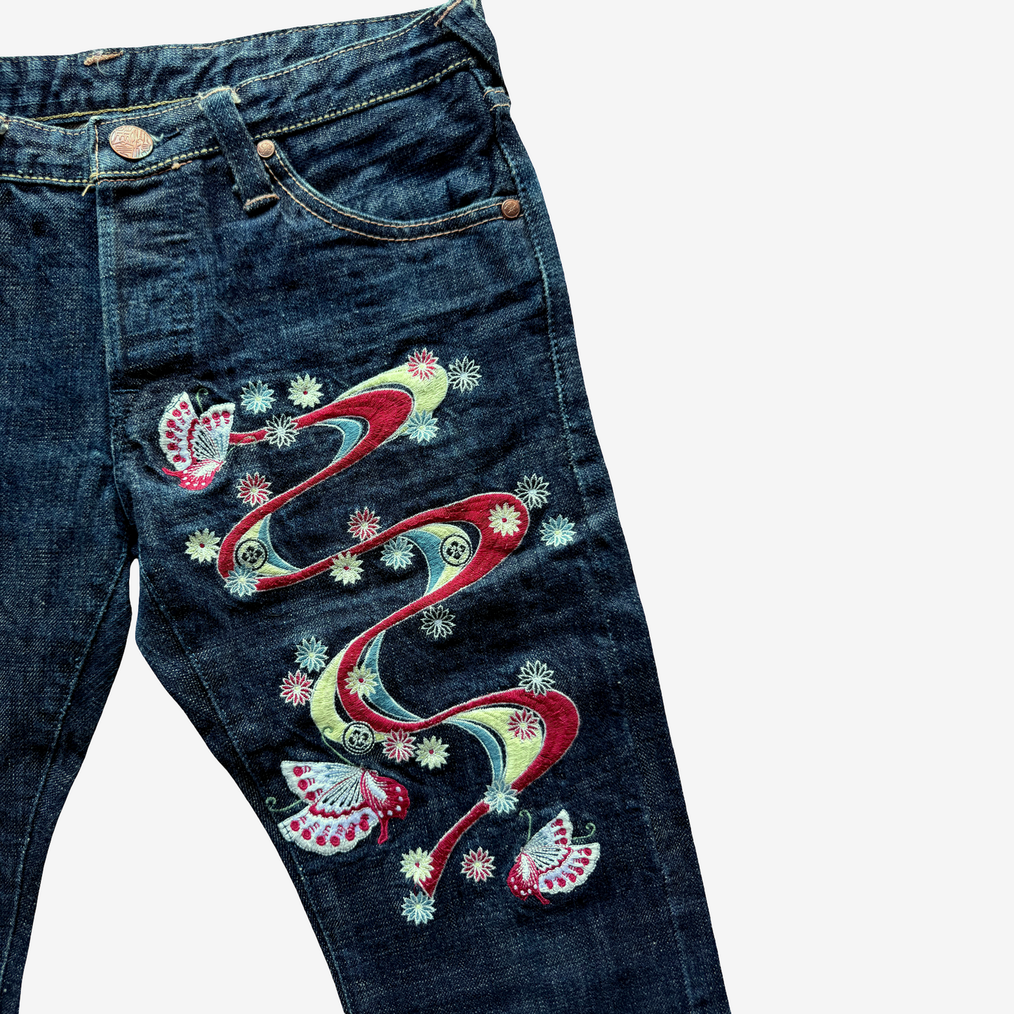Vintage EVISU Donna Butterfly Embroidered Jeans 26x32 Yamane Japanese Y2K Wagara Denim Women