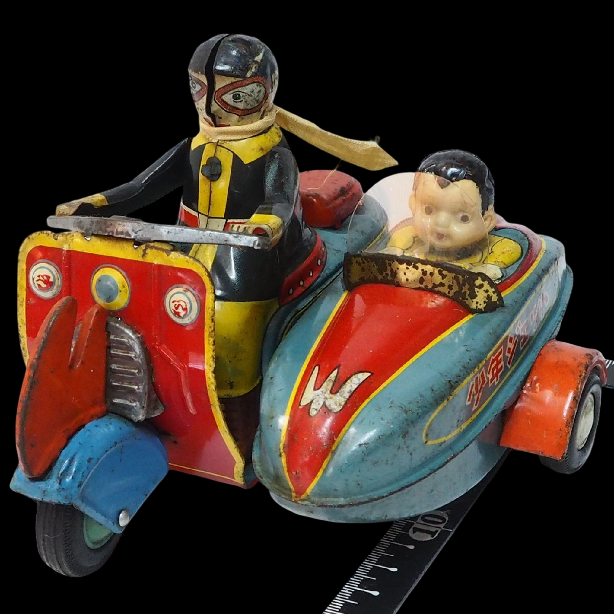 Yonezawa Tinplate Motorcycle & Sidecar Toy with Child Passenger, Showa-Era Japanese Tin Toy, Fully Articulated Rider Figure