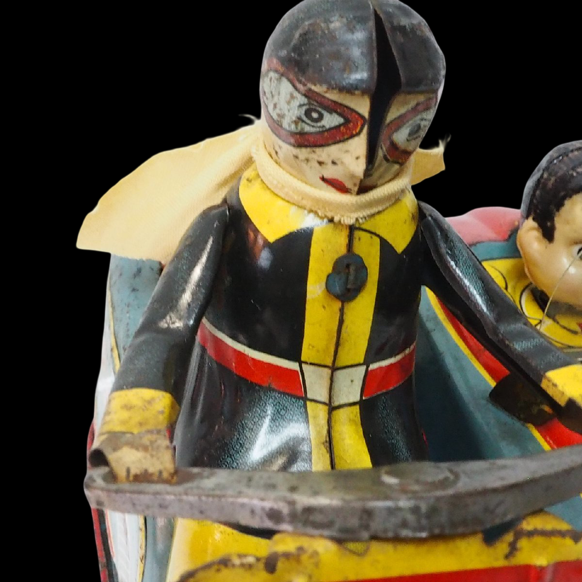 Yonezawa Tinplate Motorcycle & Sidecar Toy with Child Passenger, Showa-Era Japanese Tin Toy, Fully Articulated Rider Figure