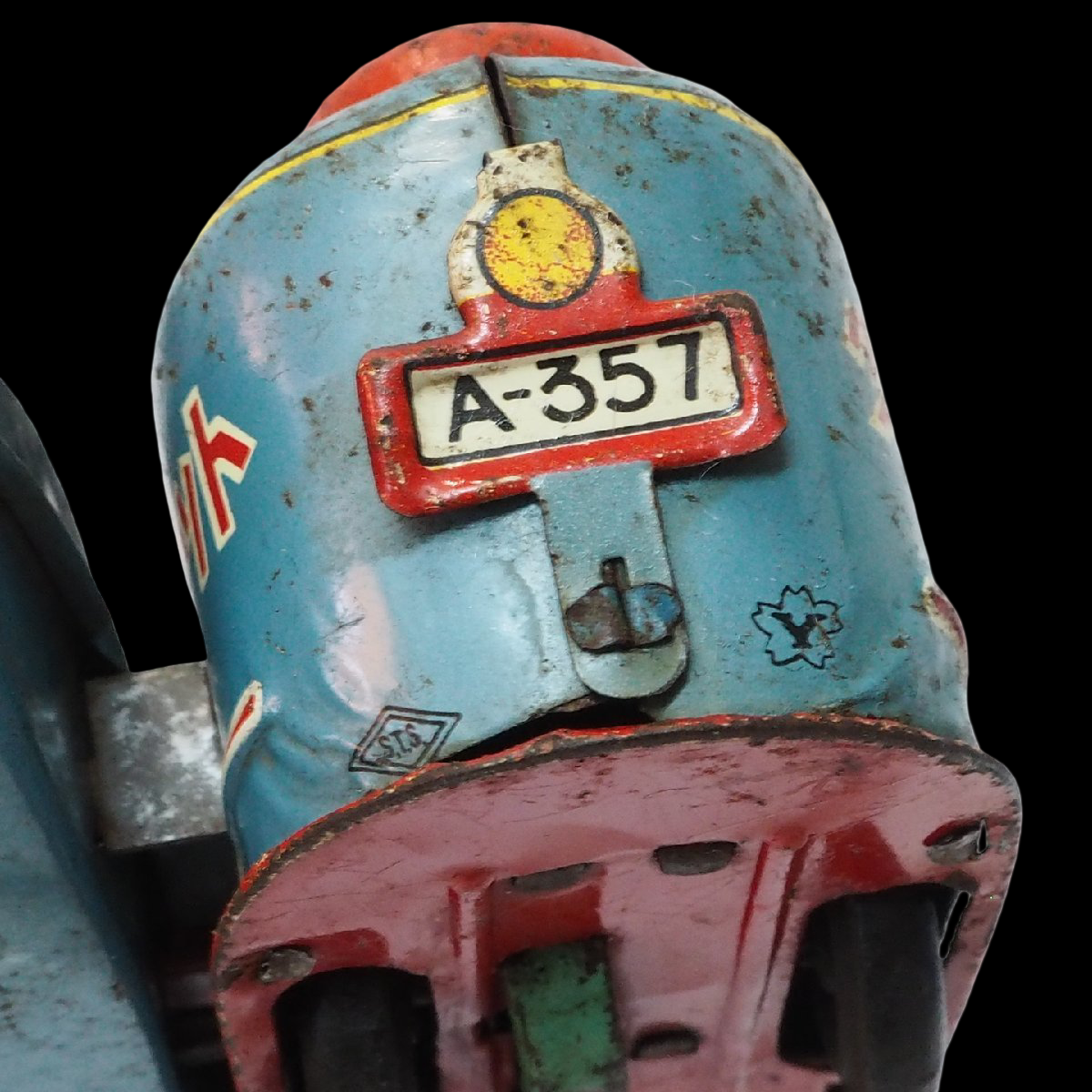 Yonezawa Tinplate Motorcycle & Sidecar Toy with Child Passenger, Showa-Era Japanese Tin Toy, Fully Articulated Rider Figure