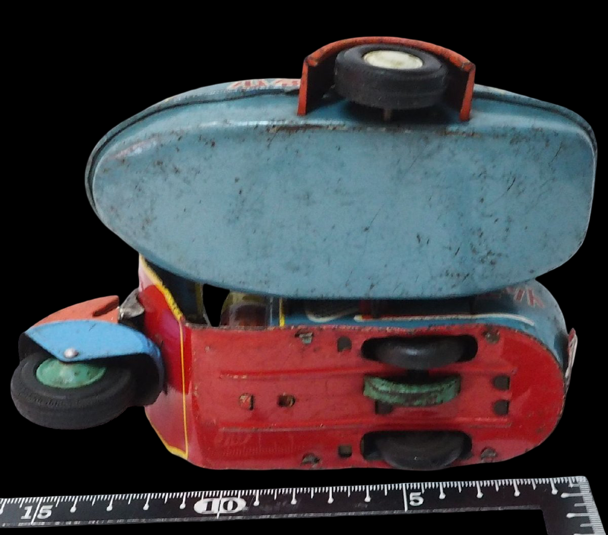 Yonezawa Tinplate Motorcycle & Sidecar Toy with Child Passenger, Showa-Era Japanese Tin Toy, Fully Articulated Rider Figure