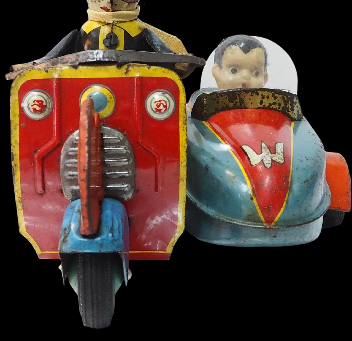 Yonezawa Tinplate Motorcycle & Sidecar Toy with Child Passenger, Showa-Era Japanese Tin Toy, Fully Articulated Rider Figure