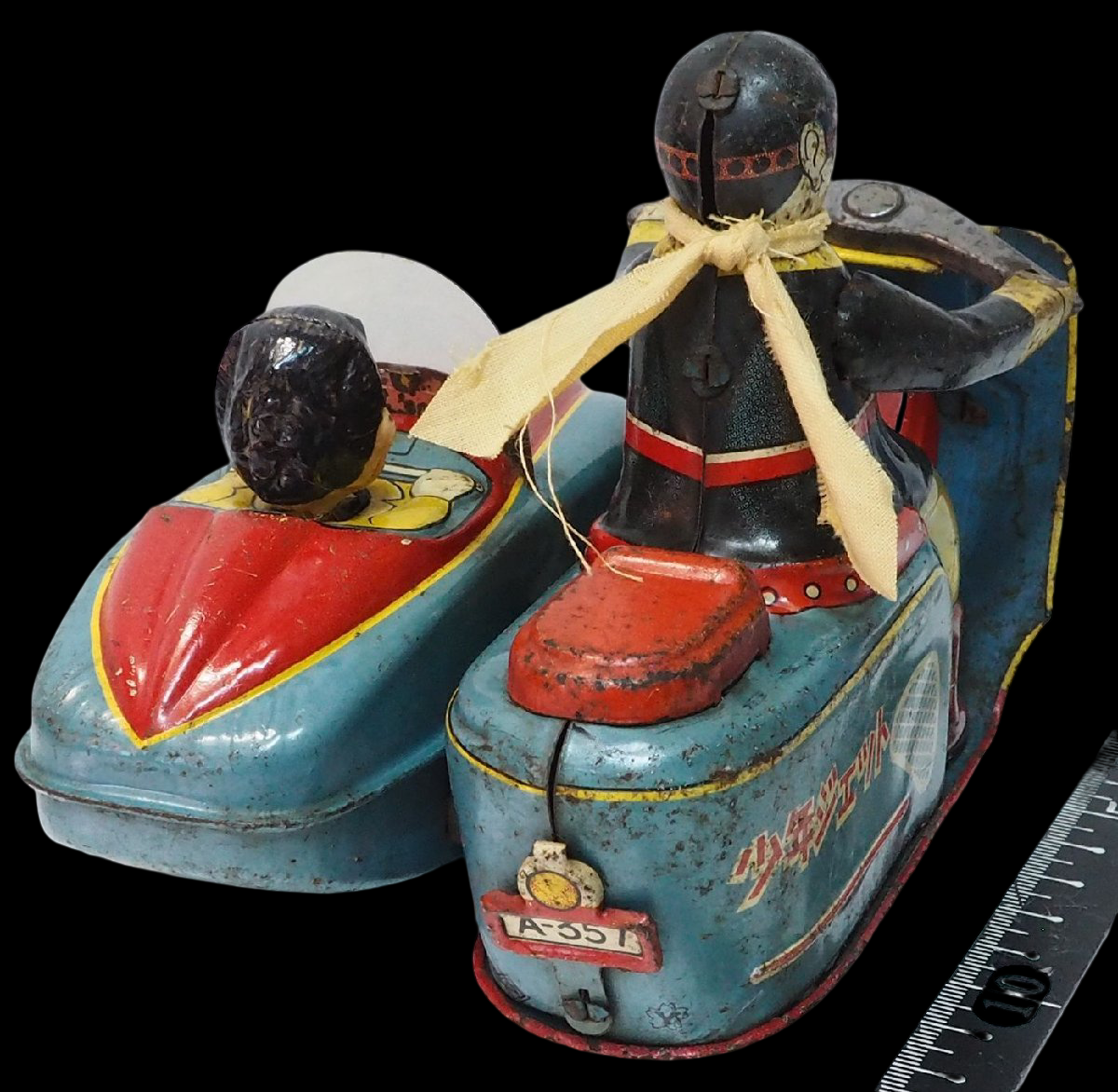 Yonezawa Tinplate Motorcycle & Sidecar Toy with Child Passenger, Showa-Era Japanese Tin Toy, Fully Articulated Rider Figure