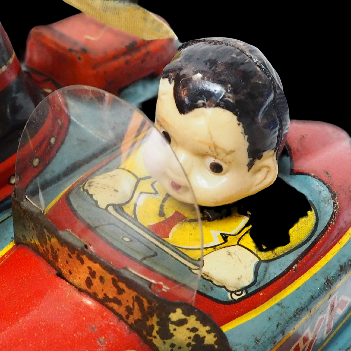 Yonezawa Tinplate Motorcycle & Sidecar Toy with Child Passenger, Showa-Era Japanese Tin Toy, Fully Articulated Rider Figure