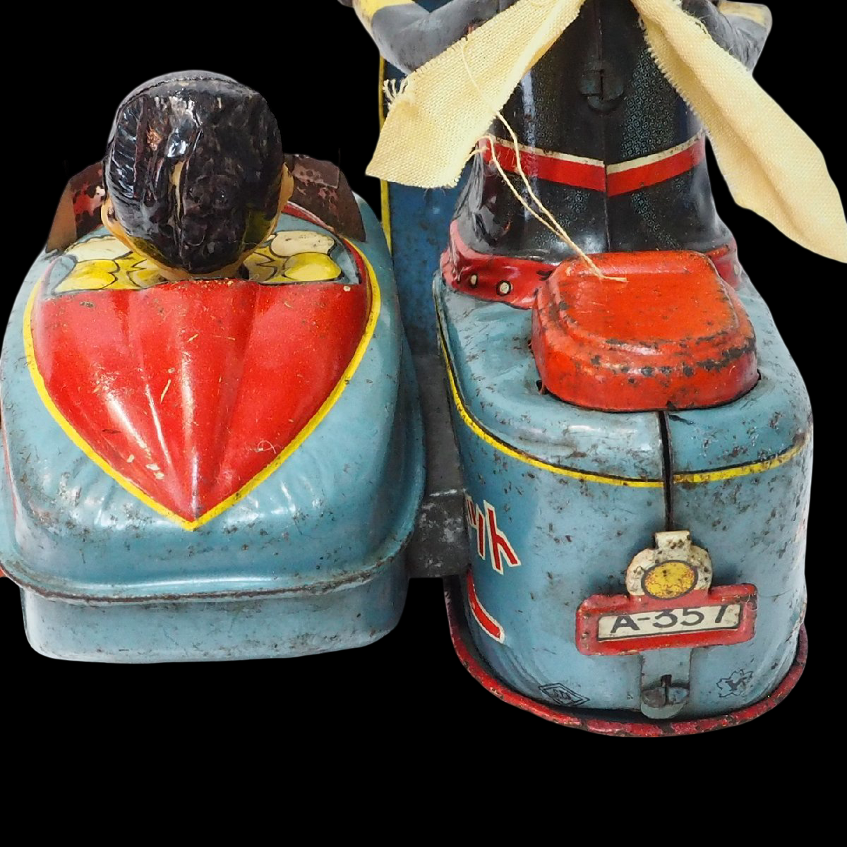 Yonezawa Tinplate Motorcycle & Sidecar Toy with Child Passenger, Showa-Era Japanese Tin Toy, Fully Articulated Rider Figure