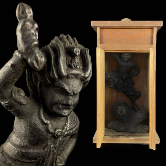 Zao Gongen (Probable) Mini Zushi Shrine Cabinet — Fierce Shugendo Mountain Guardian Icon, Edo‑period Style Votive Figure, 42cm Cabinet