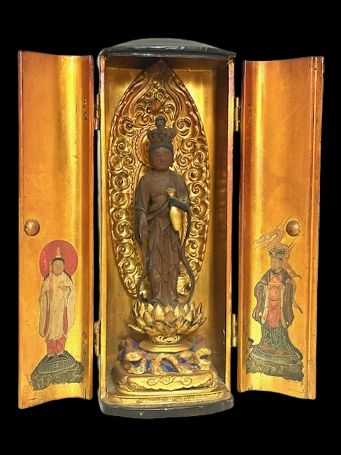 Giltwood Zushi Shrine with Wooden Kannon Bosatsu | Gilded Interior, Edo–Meiji Period | Japanese Buddhist Altar Sculpture