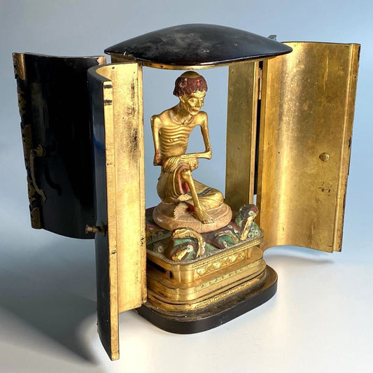Walking Shaka Nyorai Mini Zushi Shrine (12 cm Figure) | Gilt Polychrome Buddhist Icon | Edo–Meiji Era Domestic Devotion