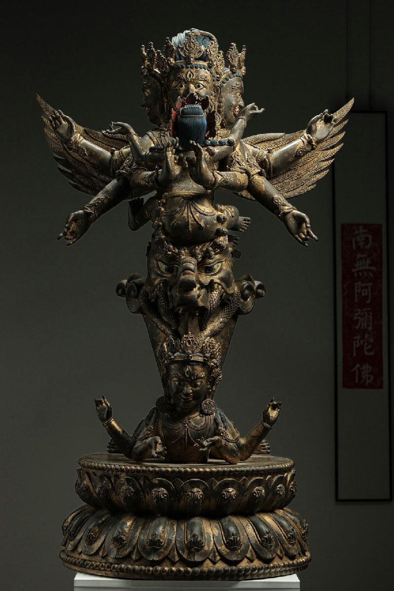 Tibetan Vajrakilaya (Phurba Vajra), Monumental Gilt Bronze Winged Deity Sculpture, Vajrayana Ritual Image (Antique, 100+ Years)