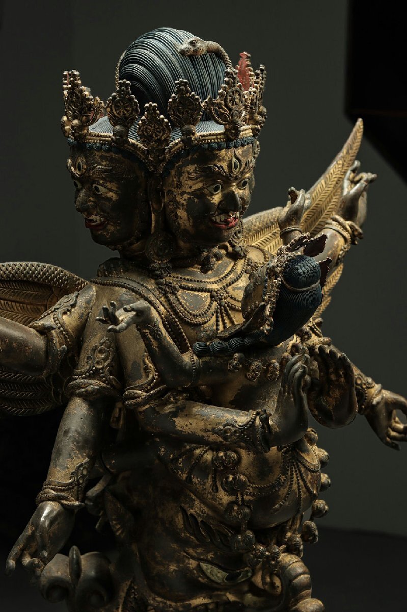 Tibetan Vajrakilaya (Phurba Vajra), Monumental Gilt Bronze Winged Deity Sculpture, Vajrayana Ritual Image (Antique, 100+ Years)
