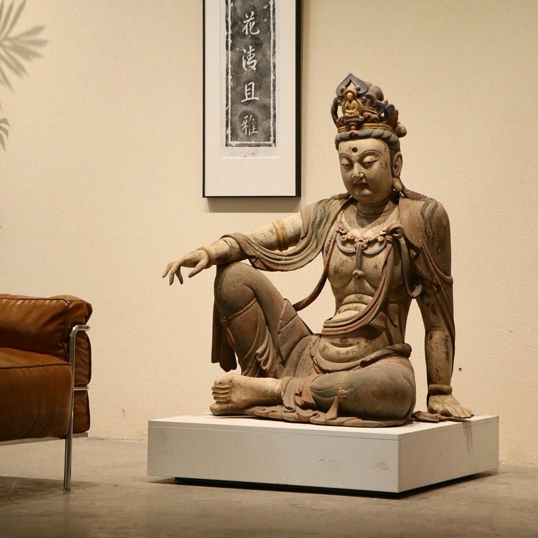 Chinese Buddhist Zizai Guanyin (Jizai Kannon / Avalokiteshvara) Buddha Statue, Monumental Camphor Wood Sculpture, Song Dynasty Style Temple Image (Antique, 100+ Years)