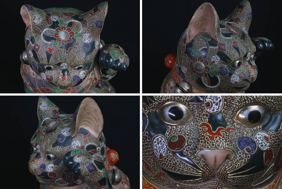 Monumental Kutani Ware Maneki-neko — Left-Paw Beckoning Fortune Cat — Large Hand-Painted Ceramic Sculpture (43 cm)