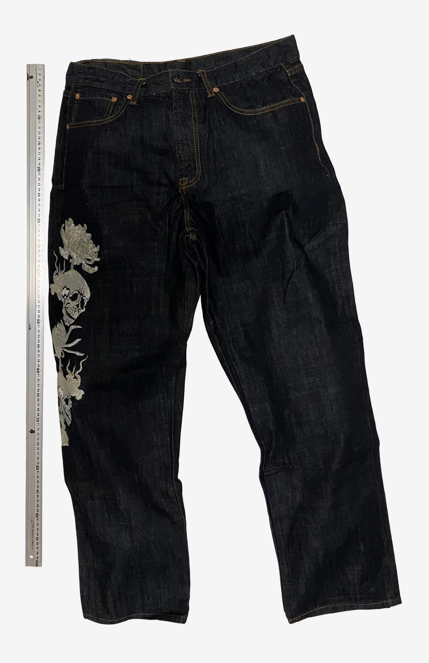 Rare SCRIPT Hanatabi Gakudan SP-601 Skull Embroidered Jeans W36 Japanese Wagara Indigo Denim Straight Leg Sukajan Style