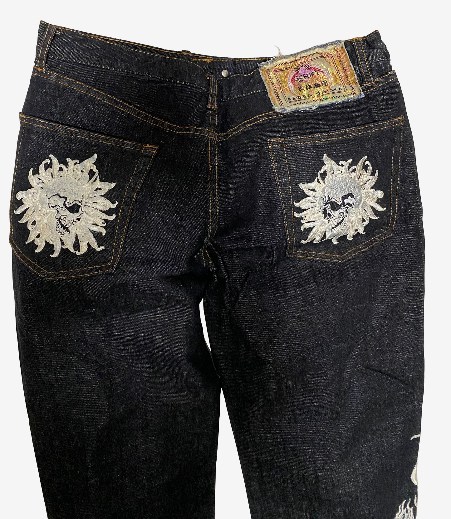 Rare SCRIPT Hanatabi Gakudan SP-601 Skull Embroidered Jeans W36 Japanese Wagara Indigo Denim Straight Leg Sukajan Style