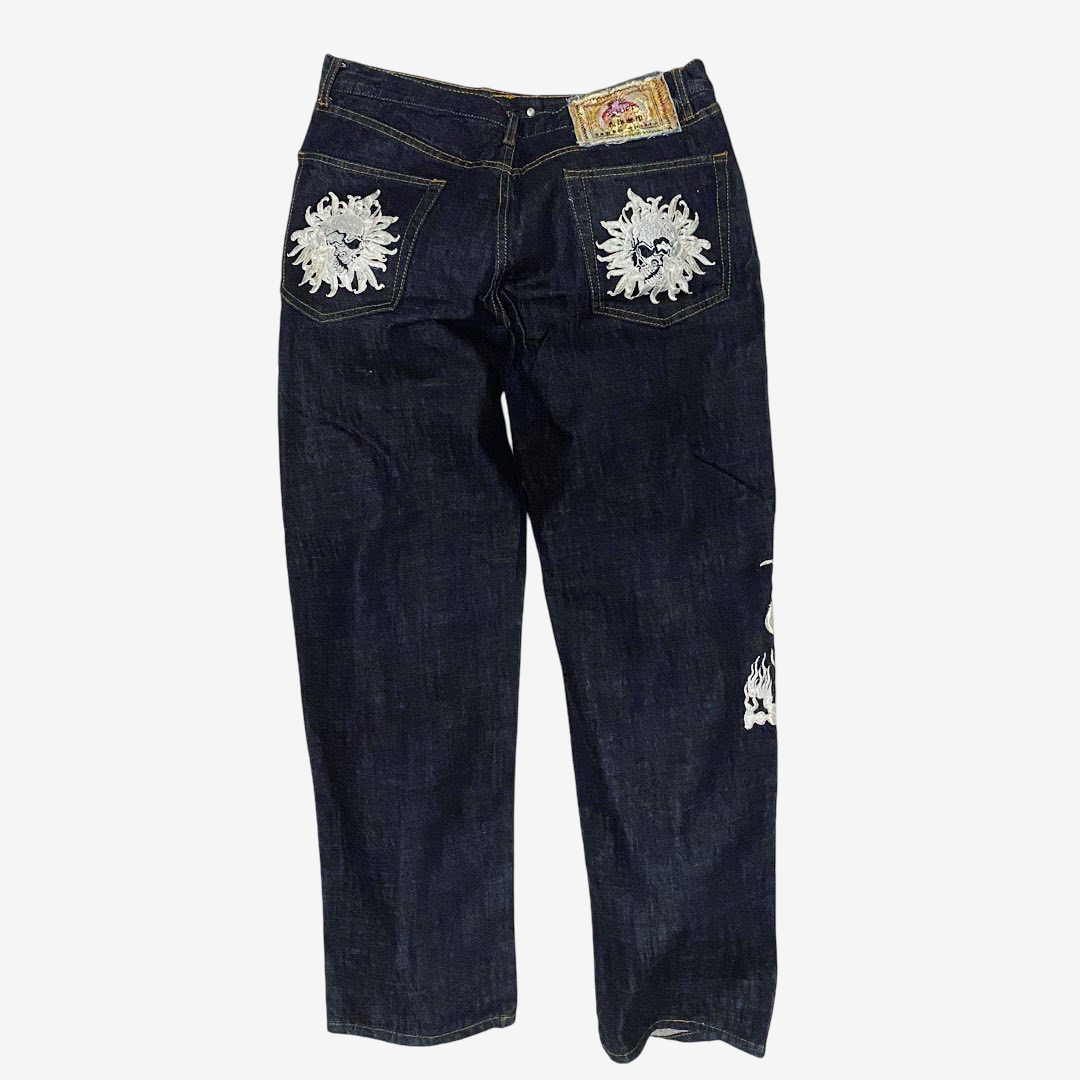 Rare SCRIPT Hanatabi Gakudan SP-601 Skull Embroidered Jeans W36 Japanese Wagara Indigo Denim Straight Leg Sukajan Style