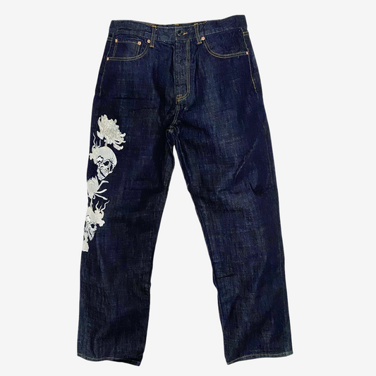 Rare SCRIPT Hanatabi Gakudan SP-601 Skull Embroidered Jeans W36 Japanese Wagara Indigo Denim Straight Leg Sukajan Style