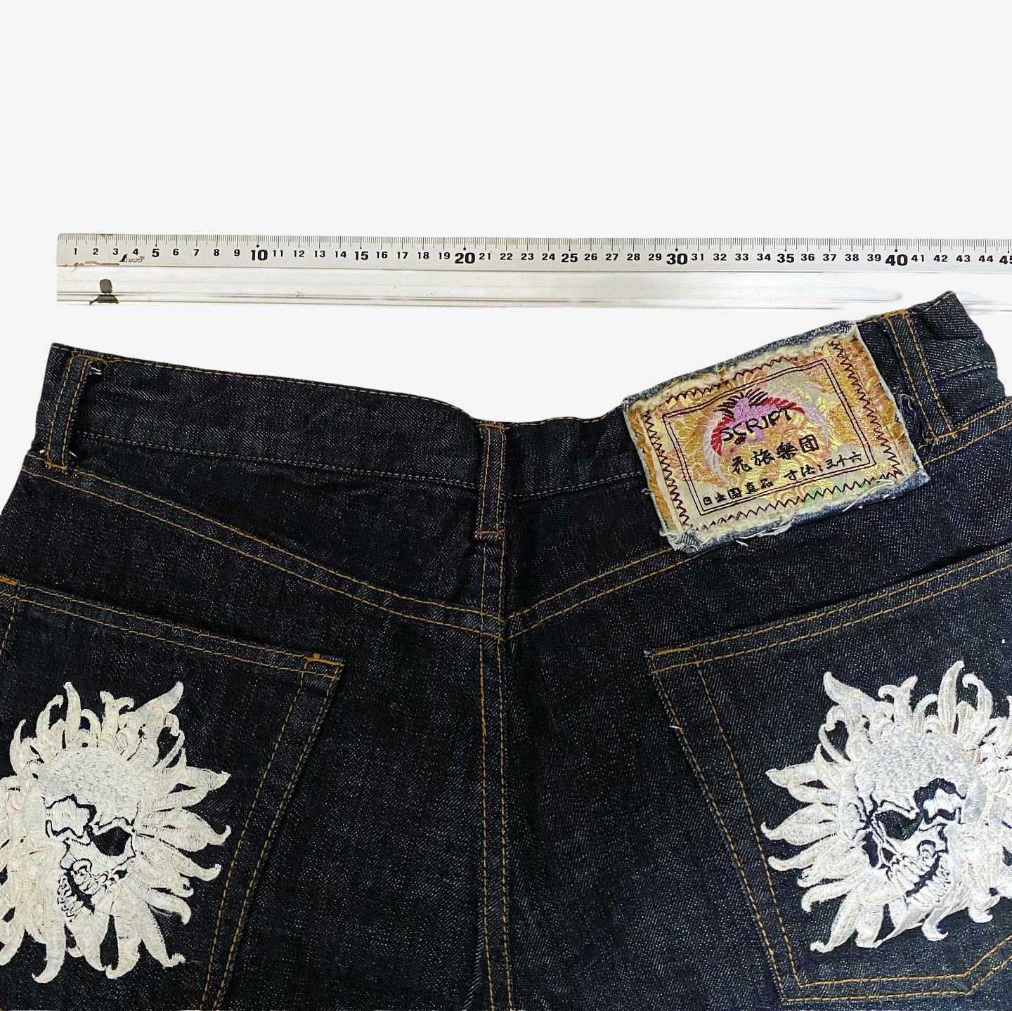 Rare SCRIPT Hanatabi Gakudan SP-601 Skull Embroidered Jeans W36 Japanese Wagara Indigo Denim Straight Leg Sukajan Style