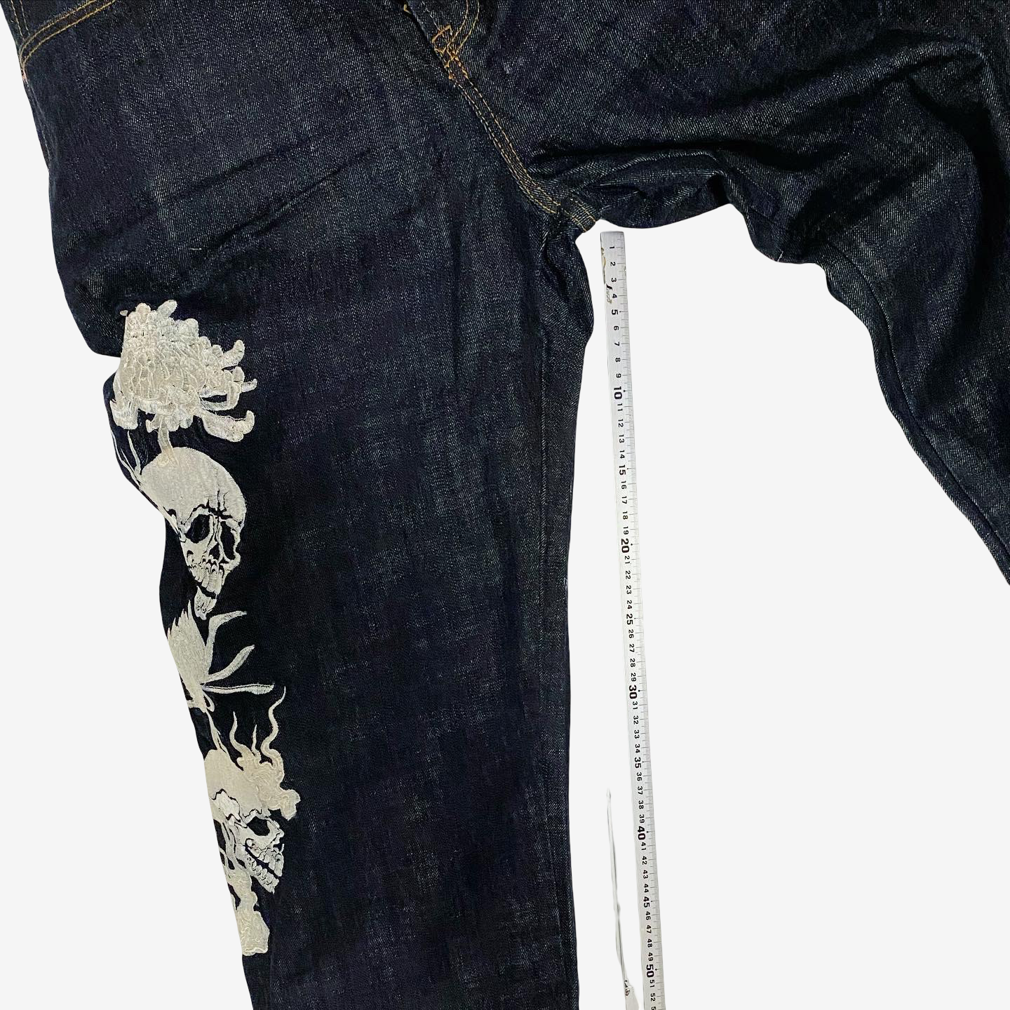 Rare SCRIPT Hanatabi Gakudan SP-601 Skull Embroidered Jeans W36 Japanese Wagara Indigo Denim Straight Leg Sukajan Style