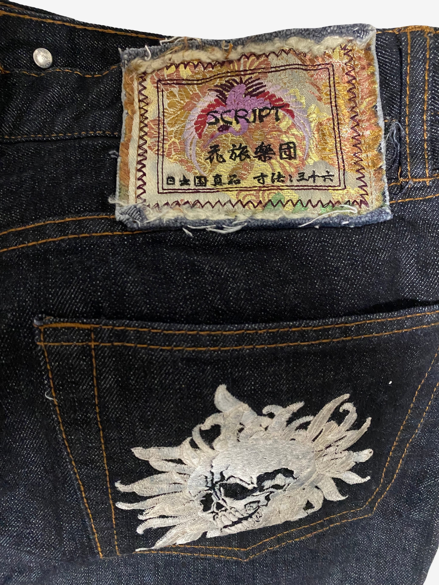 Rare SCRIPT Hanatabi Gakudan SP-601 Skull Embroidered Jeans W36 Japanese Wagara Indigo Denim Straight Leg Sukajan Style