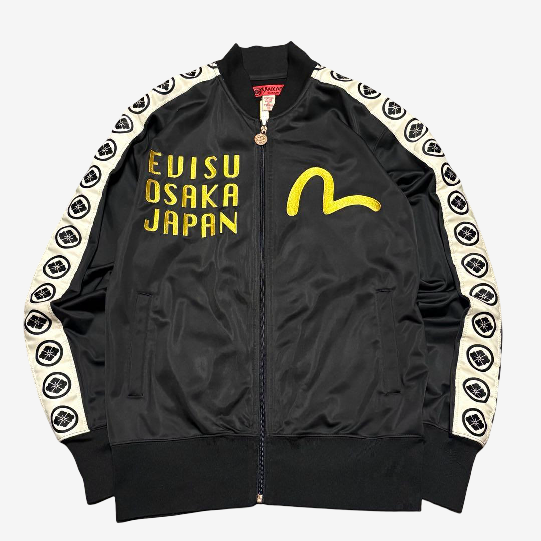 EVISU YAMANE Ebisu Osaka Japan Kamon Track Jacket Black Gold Embroidery Size M | Rare Japanese Streetwear