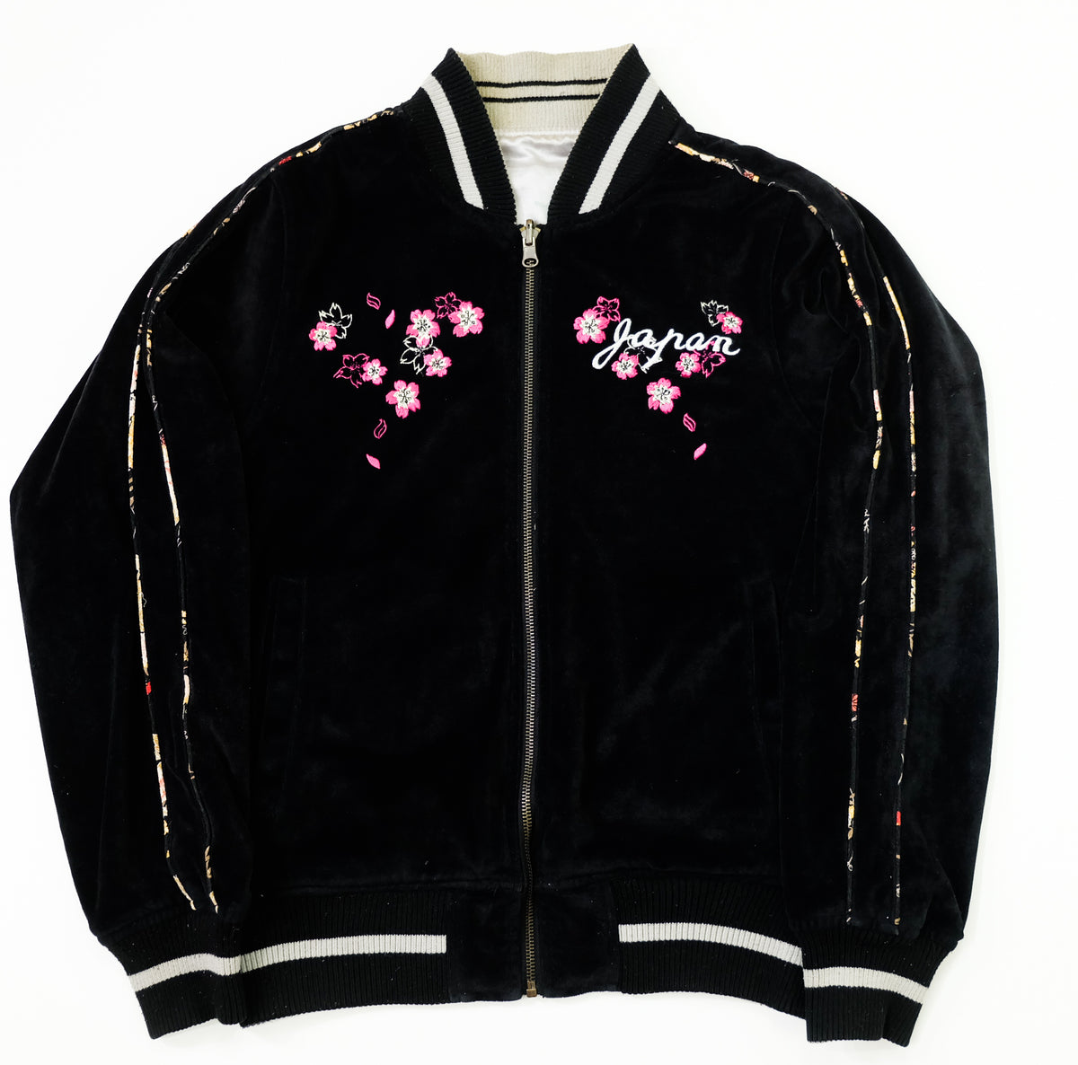Vintage Japanese Velvet Sukajan Japan Map Sakura Mt Fuji Embroidered Reversible Souvenir Jacket | Size M