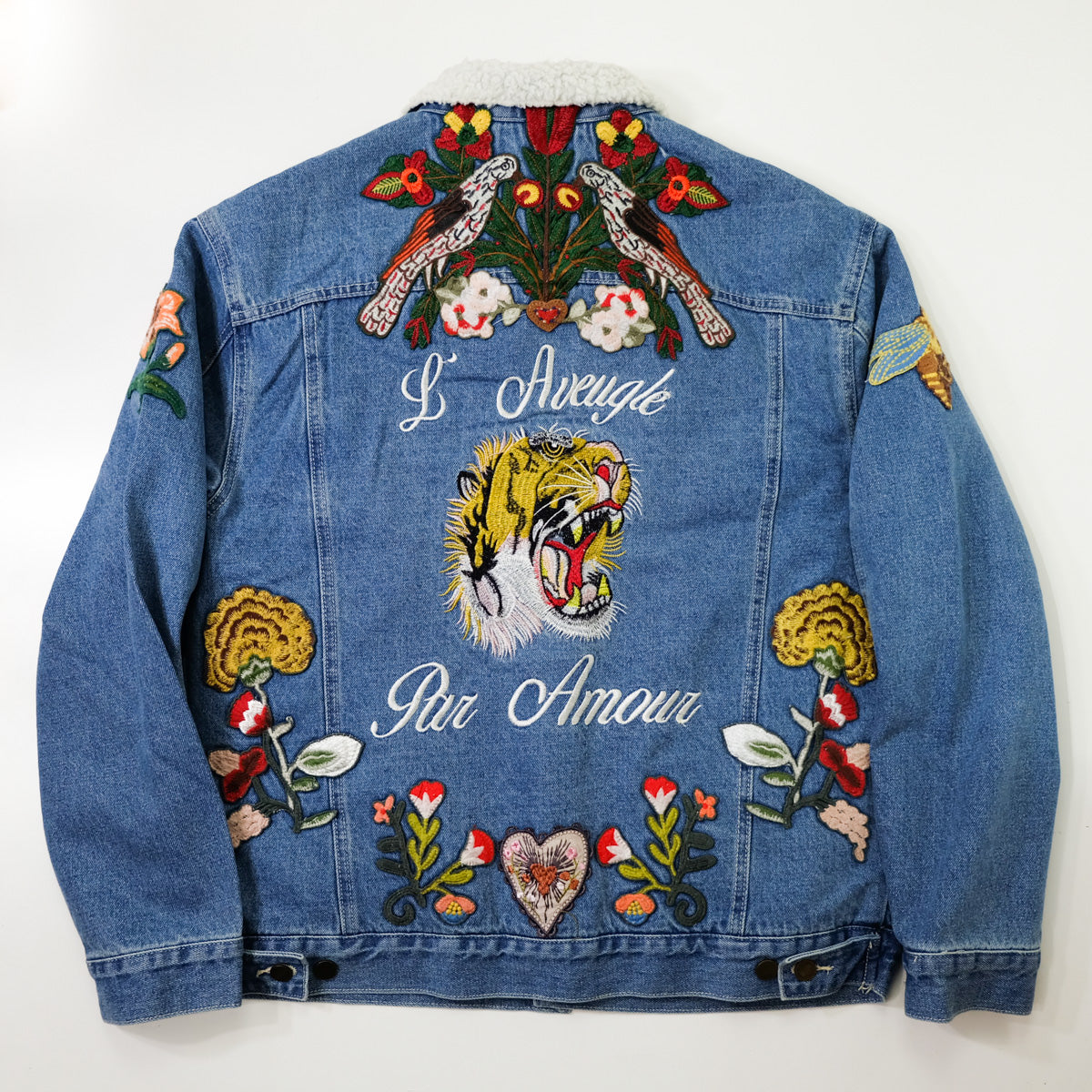 L’Aveugle Par Amour Tiger Embroidered Custom Patches Sherpa Denim Jacket | Butterfly Rose Bird Patch Trucker Coat | Maximalist Streetwear (Copy)