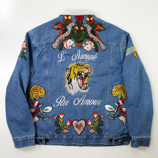 L’Aveugle Par Amour Tiger Embroidered Custom Patches Sherpa Denim Jacket | Butterfly Rose Bird Patch Trucker Coat | Maximalist Streetwear (Copy)