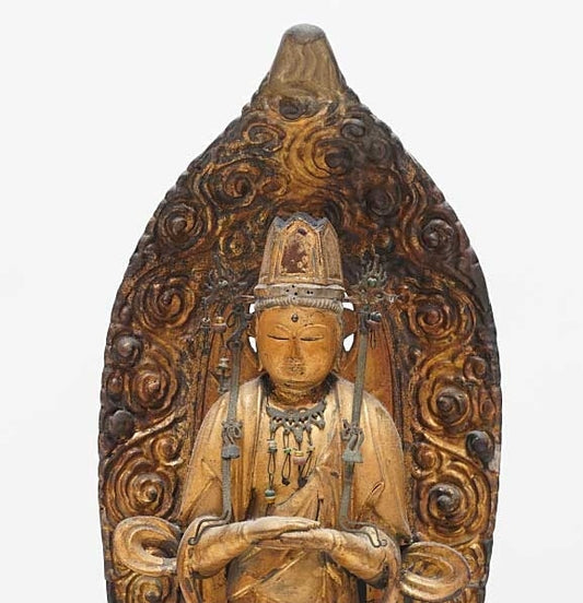 Standing Kannon Bosatsu (Avalokiteshvara) | Edo Period Wooden Statue with Carved Halo Mandorla | Gilt Details, Altar Base | 51 cm