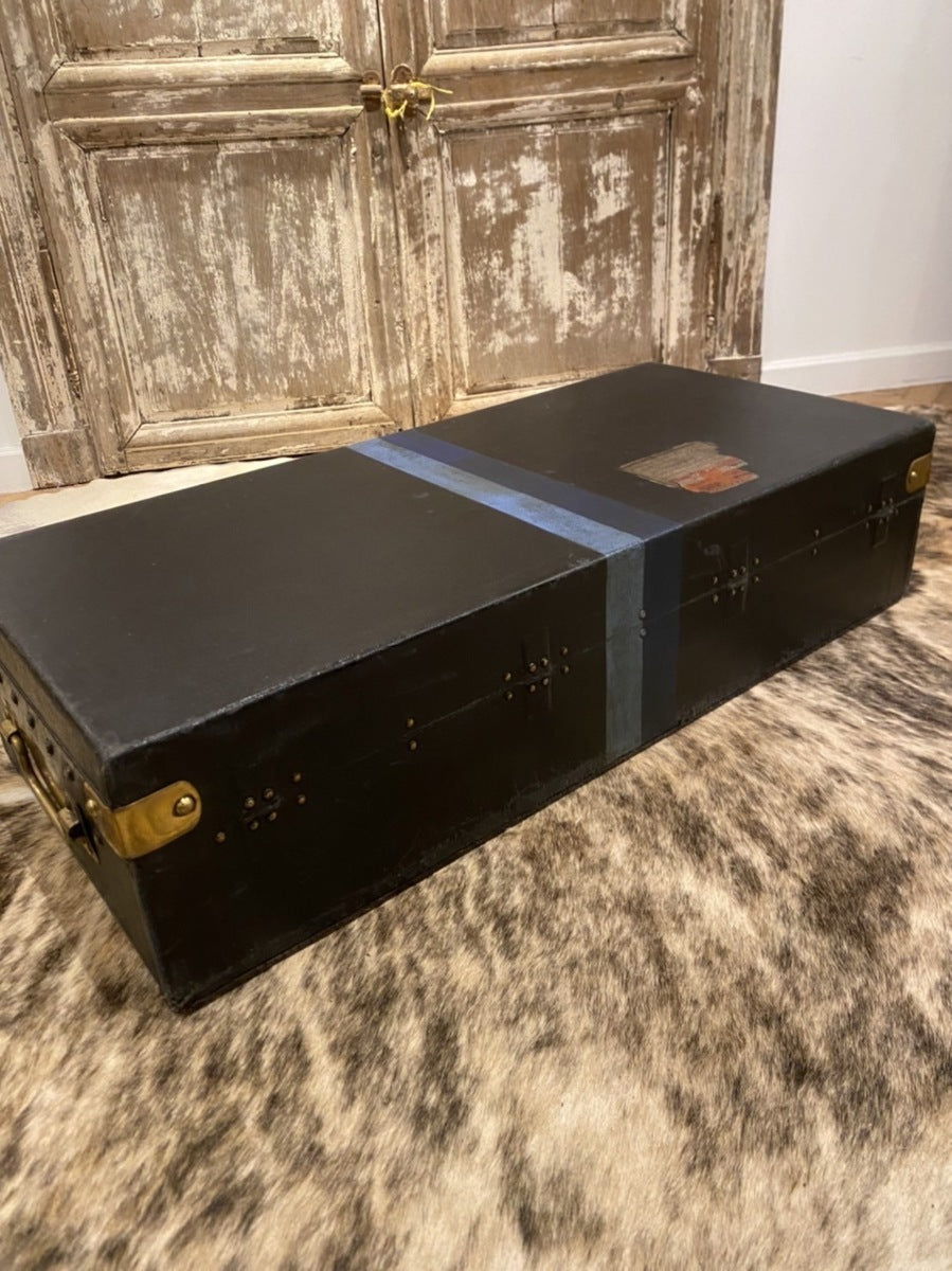 Louis Vuitton Low Black Travel Trunk with Narrow Blue Stripe, Brass-Tone Clasps, France, 1920s, 89 cm
