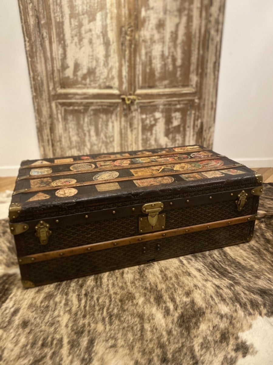 Goyard Antique Trunk with Historic Hotel & Travel Labels, Dark Patterned Canvas, France, Early 1900s, 100 cm