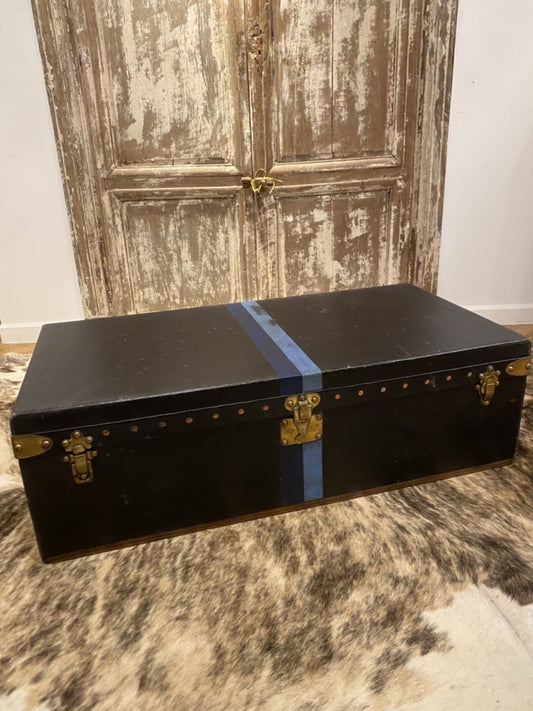 Louis Vuitton Black Coated Canvas Travel Trunk with Bold Blue Stripe, France, 1920s, 100 cm Wide