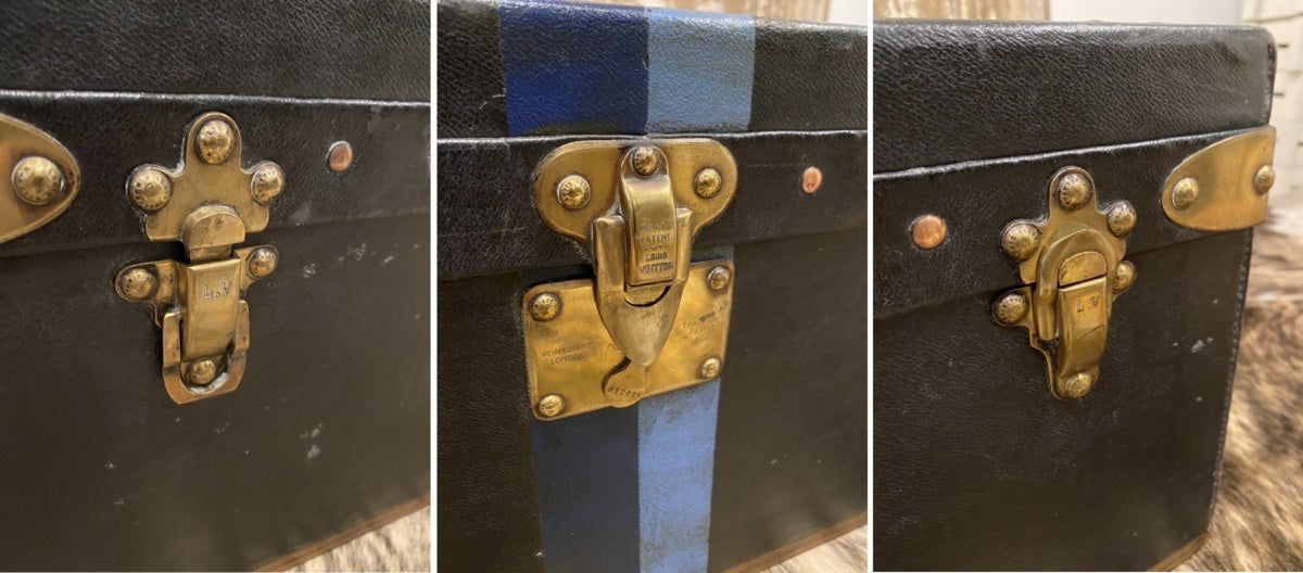 Louis Vuitton 1920s black trunk, blue stripe, 100 cm, view 8 of 9