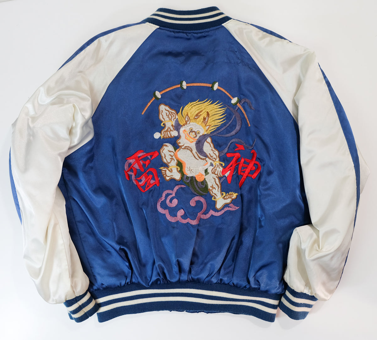 Vintage Jungle Storm Raijin Sukajan Jacket Blue Satin Thunder God Embroidered Japanese Yokosuka Bomber Free Size M-L