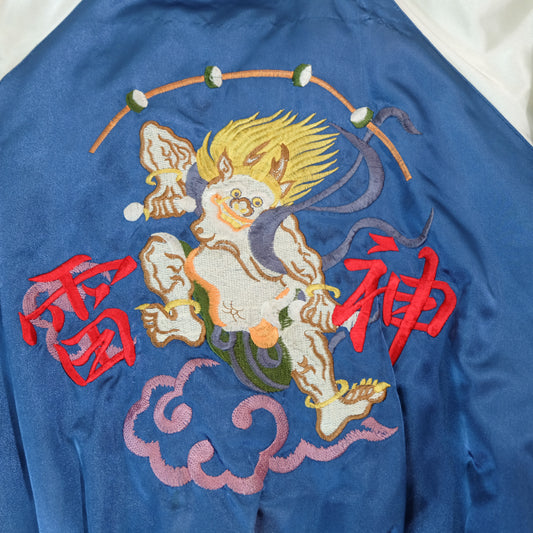 Vintage Jungle Storm Raijin Sukajan Jacket Blue Satin Thunder God Embroidered Japanese Yokosuka Bomber Free Size M-L